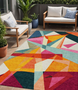 5' X 8' Ivory Orange And Burgundy Geometric Washable Indoor Outdoor Area Rug