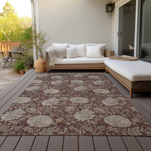 3' X 5' Merlot Taupe And Beige Floral Washable Indoor Outdoor Area Rug