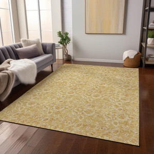 3' X 5' Gold And Wheat Floral Washable Indoor Outdoor Area Rug