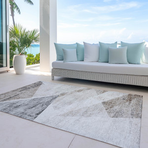 5' X 8' Silver Beige And Gray Abstract Washable Indoor Outdoor Area Rug