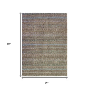 3' X 5' Brown And Denim Blue Striped Washable Indoor Outdoor Area Rug