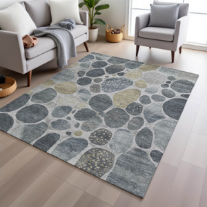 3' X 5' Pewter Beige And Ivory Geometric Washable Indoor Outdoor Area Rug