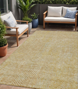 5' X 8' Gold And Beige Geometric Washable Indoor Outdoor Area Rug - Gold, Beige