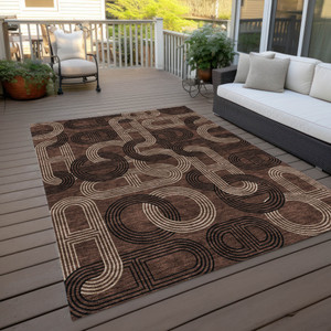 5' X 8' Chocolate And Beige Geometric Washable Indoor Outdoor Area Rug - Chocolate, Beige