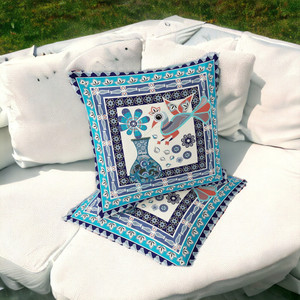 Set of Two 16" X 16" Blue and Off White Peacock Blown Seam Floral Indoor Outdoor Throw Pillow - 606114836919