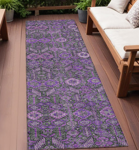 8' Purple And Green Floral Washable Indoor Outdoor Runner Rug