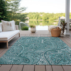 3' X 5' Teal Blue Aqua And Ivory Paisley Washable Indoor Outdoor Area Rug