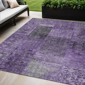 5' X 8' Eggplant Purple And Charcoal Patchwork Washable Indoor Outdoor Area Rug