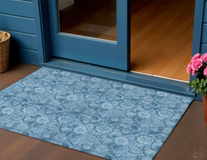 3' X 5' Blue And Denim Blue Floral Washable Indoor Outdoor Area Rug - Blue, Denim Blue