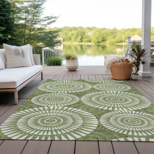 3' X 5' Green And Ivory Geometric Washable Indoor Outdoor Area Rug - 608219068615