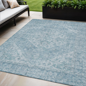 5' X 8' Sky Blue And Ivory Oriental Washable Indoor Outdoor Area Rug