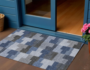 3' X 5' Navy Blue And Sky Blue Geometric Washable Indoor Outdoor Area Rug Transitional Style - Navy Blue, Sky Blue Color