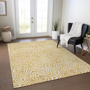 3' X 5' Gold And Ivory Abstract Washable Indoor Outdoor Area Rug Transitional Style - Gold, Ivory Color