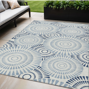 5' X 8' Blue And Ivory Geometric Washable Indoor Outdoor Area Rug - 608219147310