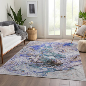 3' X 5' Beige Blue And Taupe Abstract Washable Indoor Outdoor Area Rug