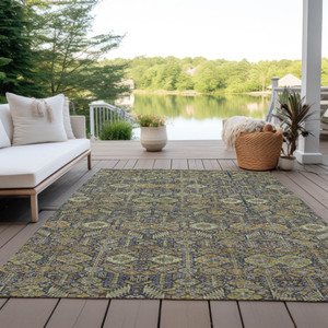 5' X 8' Blue and Orange Floral Washable Non Skid Indoor Outdoor Area Rug