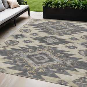 5' X 8' Beige And Gray Tribal Washable Indoor Outdoor Area Rug