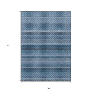 3' X 5' Denim Blue And Sky Blue Striped Washable Indoor Outdoor Area Rug Transitional Style - Denim Blue, Sky Blue Color