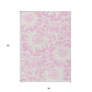 3' X 5' Pink and Ivory Floral Washable Non Skid Indoor Outdoor Area Rug