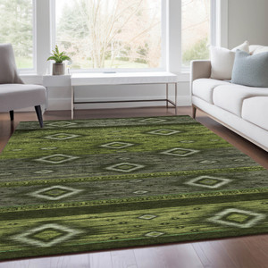 5' X 8' Artichoke Green Gray And Fern Green Tribal Washable Indoor Outdoor Area Rug