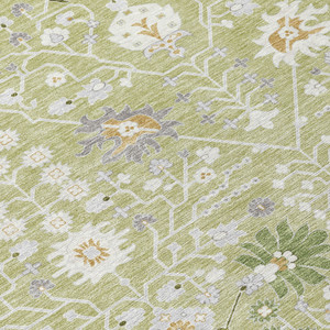 5' X 8' Artichoke Green Gray And Ivory Oriental Washable Indoor Outdoor Area Rug