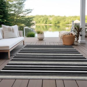 3' X 5' Black Ivory And Gray Striped Washable Indoor Outdoor Area Rug