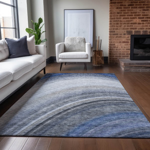 5' X 8' Denim Blue And Navy Blue Abstract Washable Indoor Outdoor Area Rug