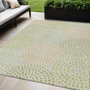 5' X 8' Artichoke Green And Brown Geometric Washable Indoor Outdoor Area Rug