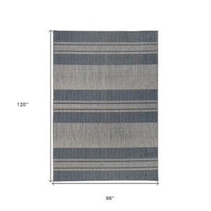 8' X 10' Blue and Gray Striped Stain Resistant Indoor Outdoor Area Rug