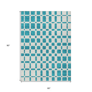 5' X 8' Teal Blue And Ivory Geometric Washable Indoor Outdoor Area Rug - 606114994350