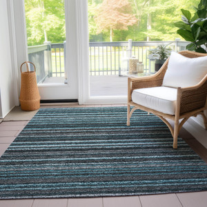3' X 5' Teal Blue Sky Blue And Gray Striped Washable Indoor Outdoor Area Rug