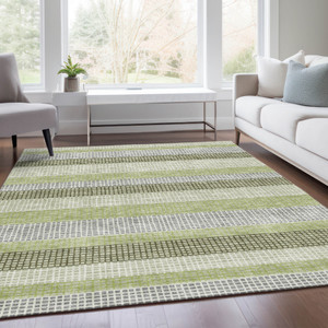 3' X 5' Artichoke Green And Ivory Striped Washable Indoor Outdoor Area Rug - 880016468274