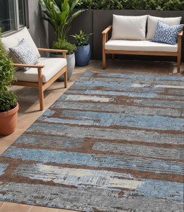 5' X 8' Chocolate Blue And Beige Striped Washable Indoor Outdoor Area Rug