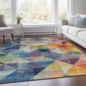 3' X 5' Beige Navy Blue And Orange Geometric Washable Indoor Outdoor Area Rug