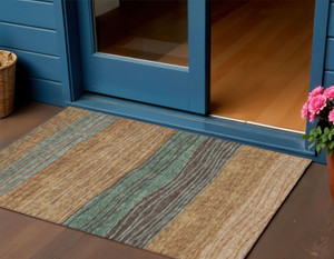 3' X 5' Terra Cotta Copper And Beige Striped Washable Indoor Outdoor Area Rug