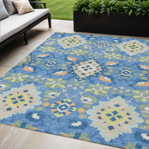 5' X 8' Blue Green And Orange Oriental Washable Indoor Outdoor Area Rug