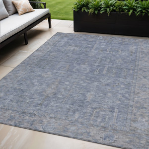 5' X 8' Denim Blue And Gray Oriental Washable Indoor Outdoor Area Rug