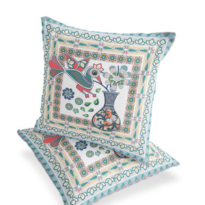 Set of Two 16" X 16" Pink and White Peacock Blown Seam Floral Indoor Outdoor Throw Pillow - 606114837442