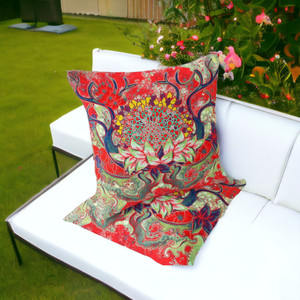 Set of Two 16" X 16" Green and Red Blown Seam Floral Indoor Outdoor Throw Pillow - 606114822103