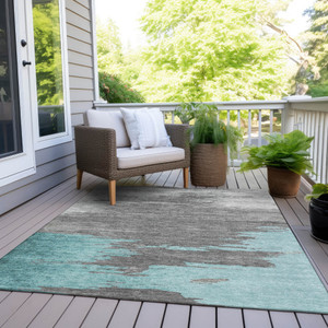 5' X 8' Teal Blue And Gray Abstract Washable Indoor Outdoor Area Rug - Teal Blue, Gray