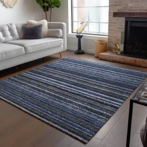 5' X 8' Denim Blue And Gray Striped Washable Indoor Outdoor Area Rug
