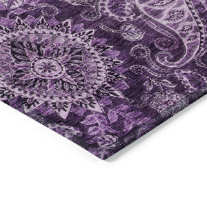 3' X 5' Purple And Charcoal Floral Medallion Washable Indoor Outdoor Area Rug
