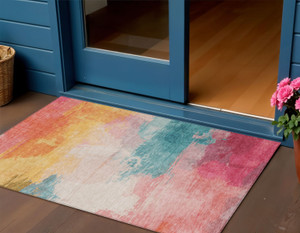 3' X 5' Pink Gold And Teal Blue Abstract Washable Indoor Outdoor Area Rug