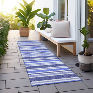 2' X 8' Blue Striped Washable Indoor Outdoor Runner Rug