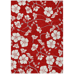 5' X 8' Red Ivory And Gray Floral Washable Indoor Outdoor Area Rug