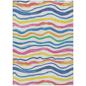 3' X 5' Ivory Blue Pink And Yellow Striped Washable Indoor Outdoor Area Rug