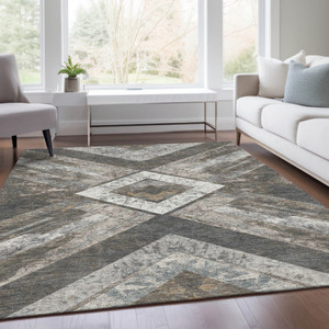 3' X 5' Brown And Gray Geometric Washable Indoor Outdoor Area Rug