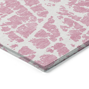 8' Runner Pink and Ivory Abstract Washable Non Skid Indoor Outdoor Runner Rug