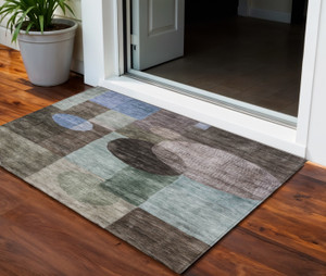 3' X 5' Brown Blue And Green Geometric Washable Indoor Outdoor Area Rug