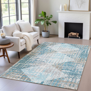 5' X 8' Teal Blue And Beige Geometric Washable Indoor Outdoor Area Rug - Teal Blue, Beige